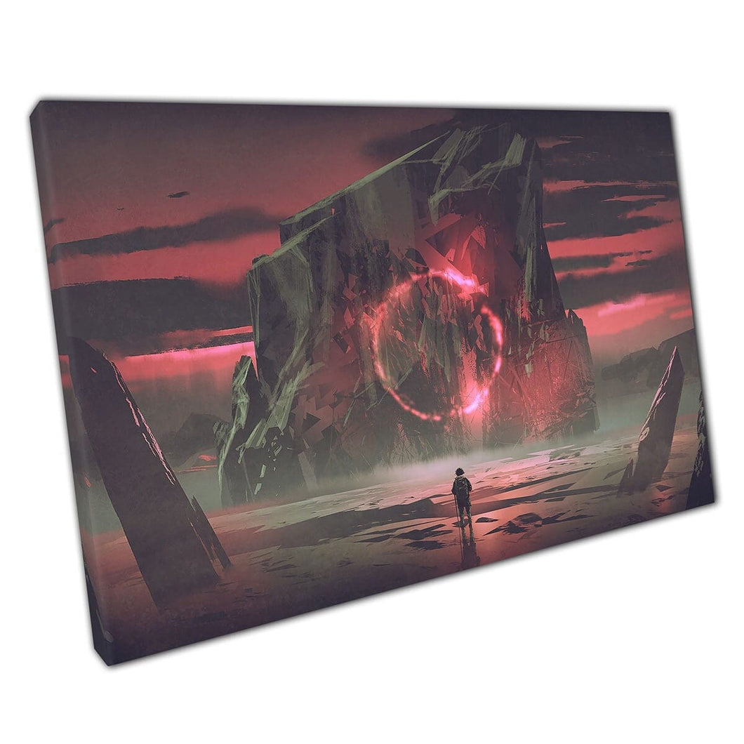 Persona che guarda il cerchio rosso luminoso inquietante su Rock Fantasy Mysterious Illustration Art Art Print su tela Monted Tela Stampa