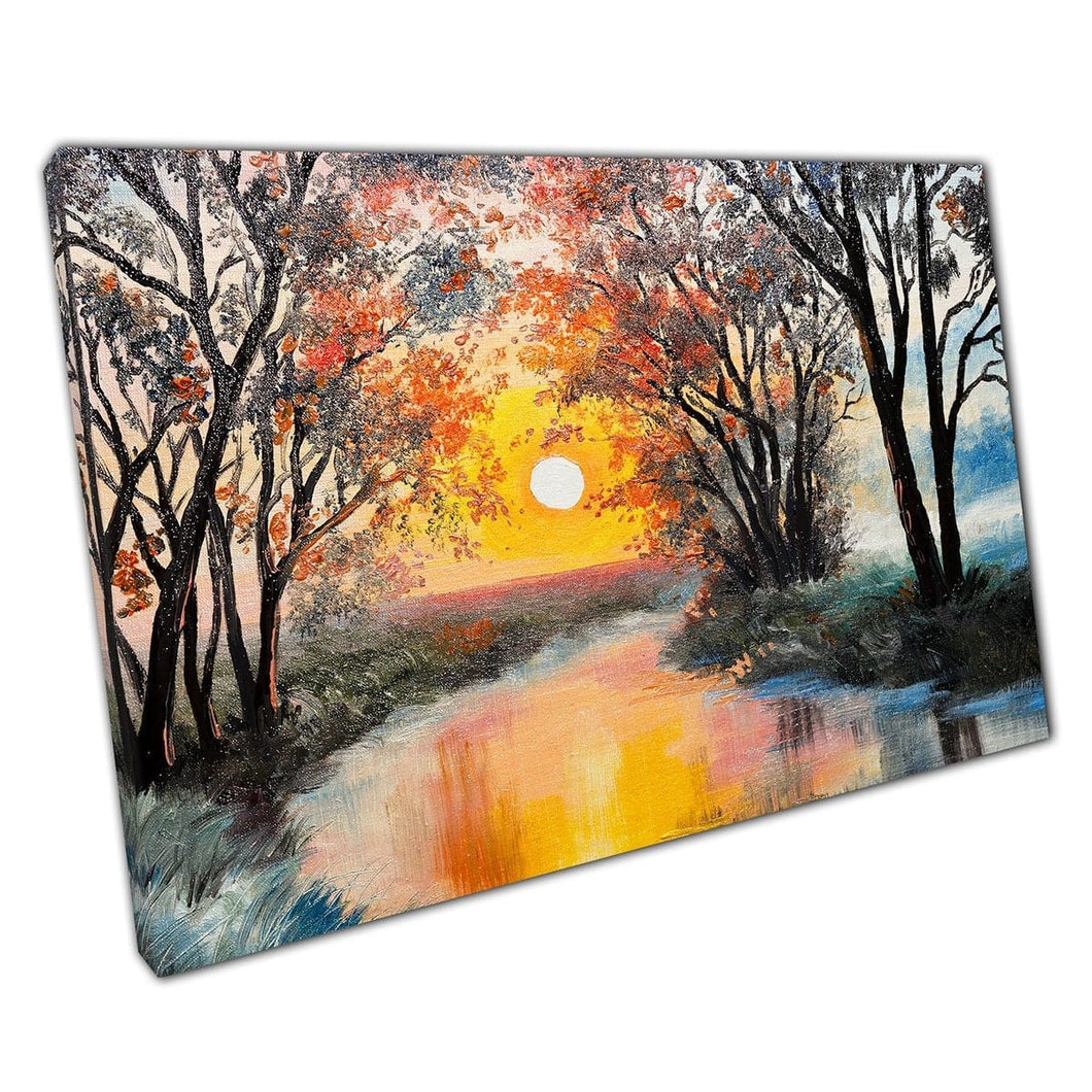 Sole dorato caldo tramonto sul fiume calmo tranquillo foderato con alberi Stampa artistica da parete di pittura ad olio su tela stampata in tela