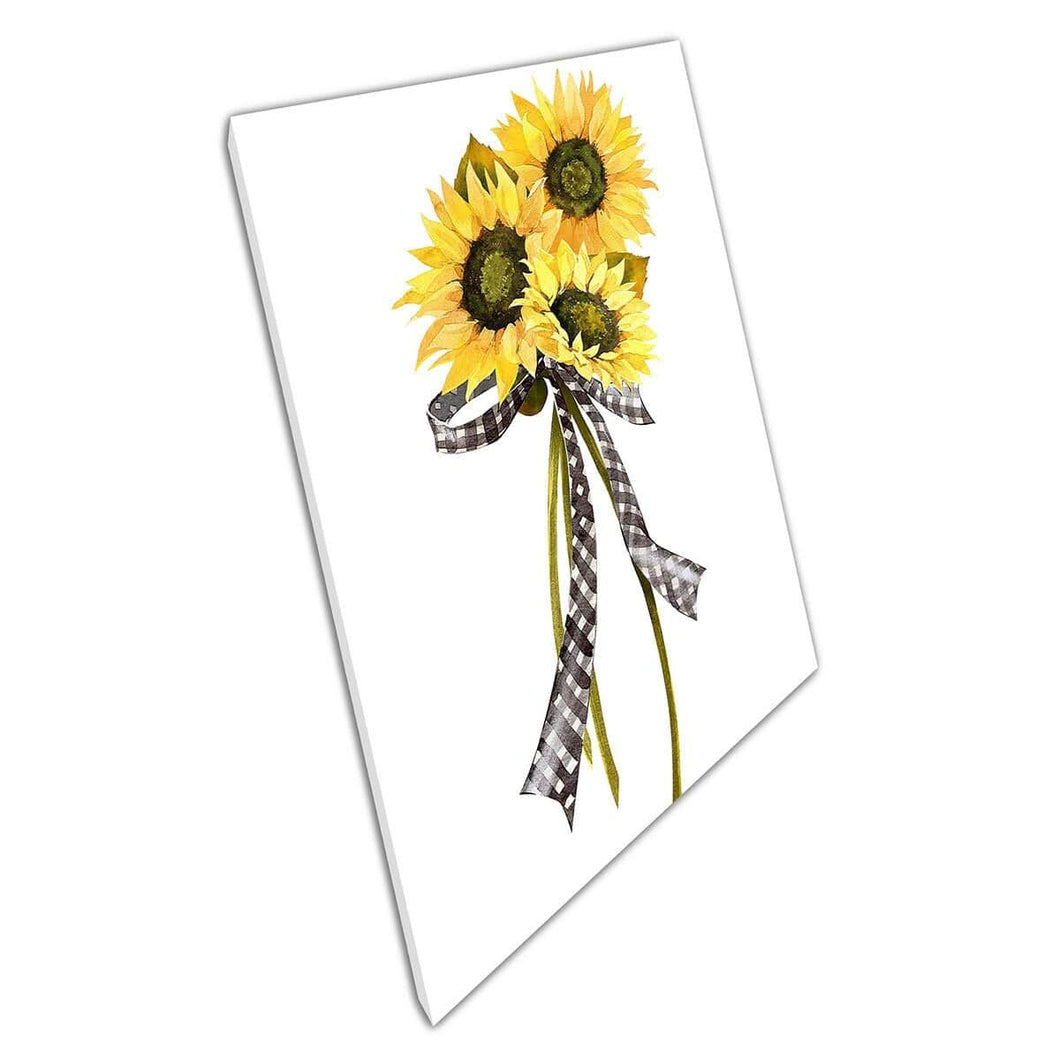 Bloems zonnebloem boeket vastgebonden met rustieke geruite heroorlintjes lint waterverfstijl muur kunstprint op canvas gemonteerde canvas print