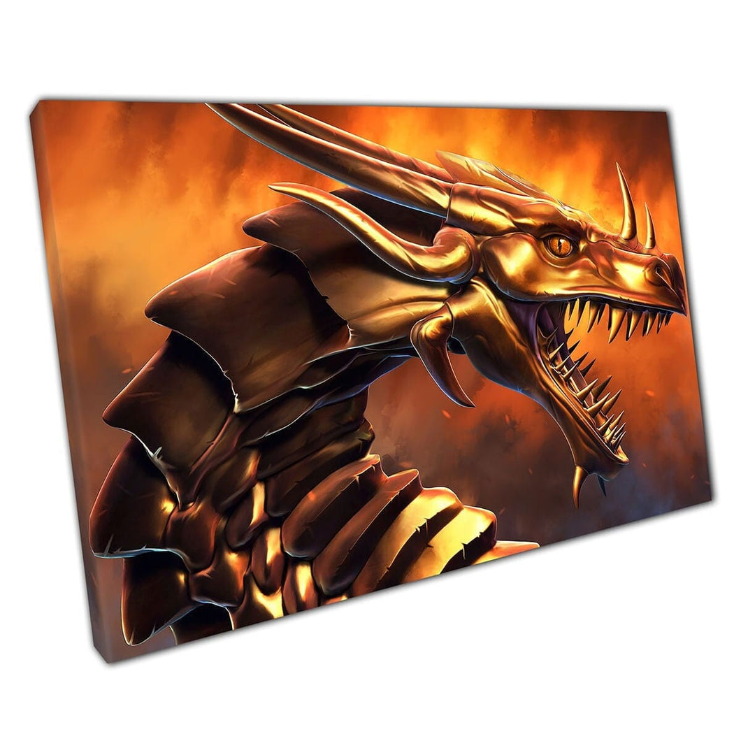 Epische gouden vurige gepantserde geschaalde fantasie Dragon Wall Art Print op canvas gemonteerde canvas print