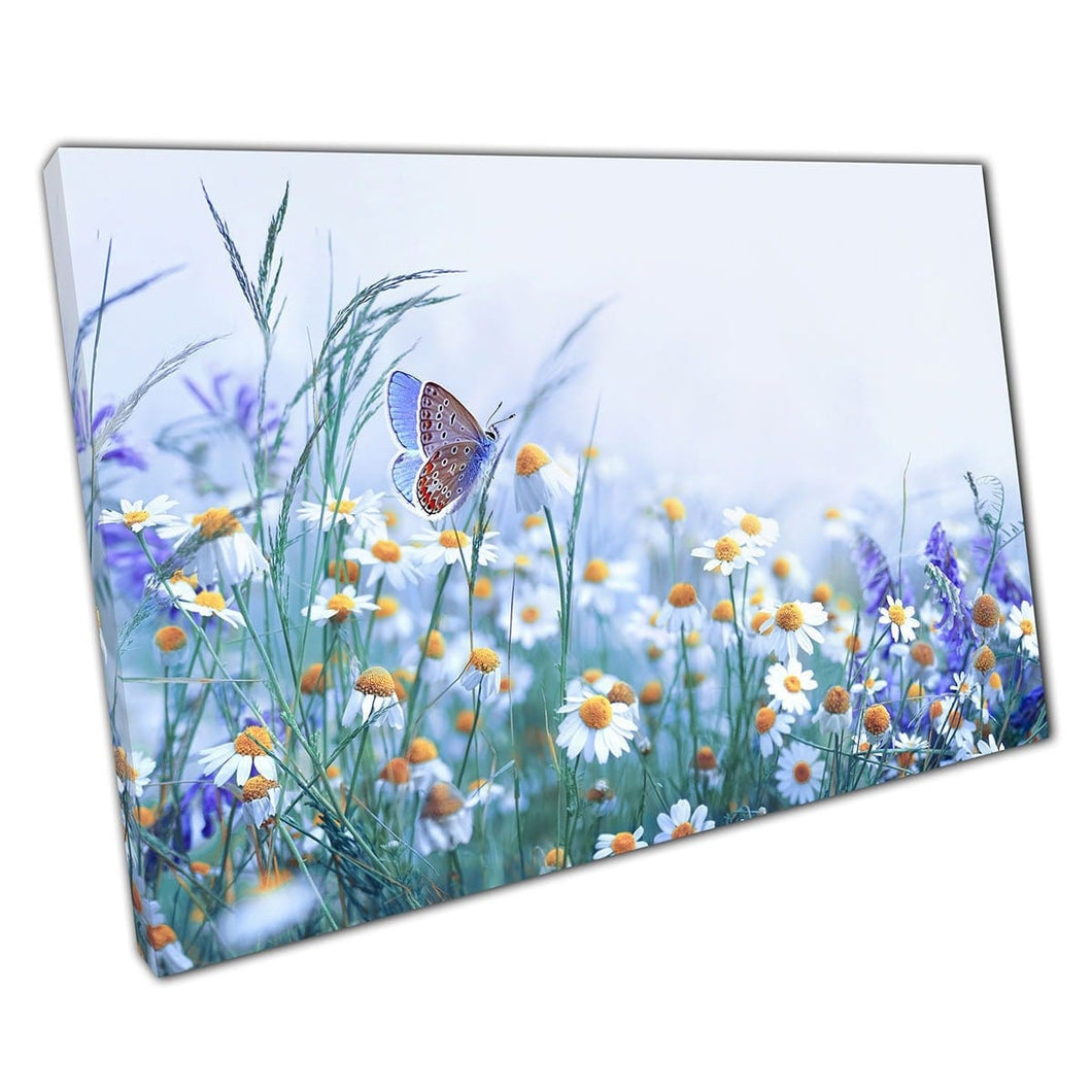 Delicate paarse wilde lavendel en prachtige kamille bloemen weide bloemen vlinder wall art print op canvas gemonteerde canvas print