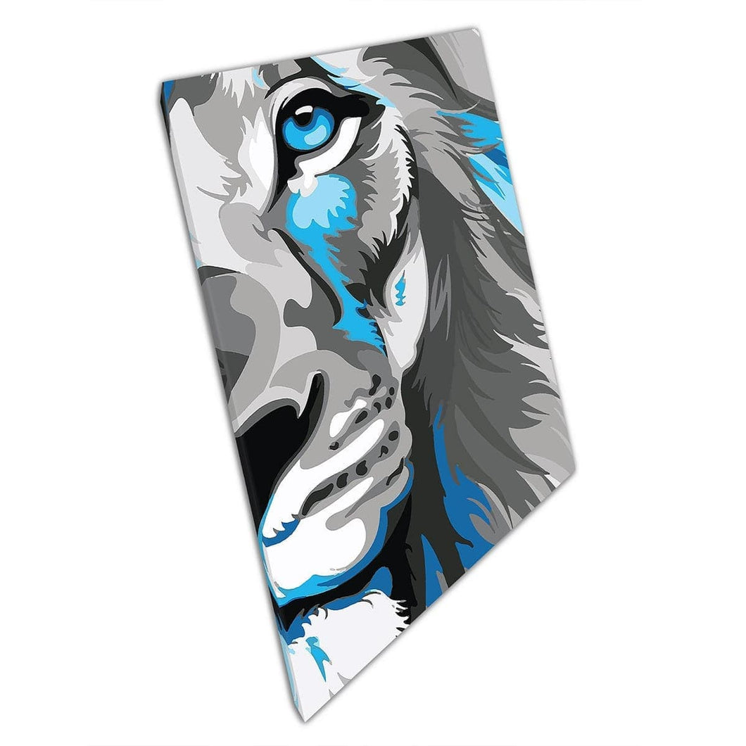 Grijze en blauwe digitale kunst Animal Lion Face en Mane Wall Art Print op canvas gemonteerde canvas print