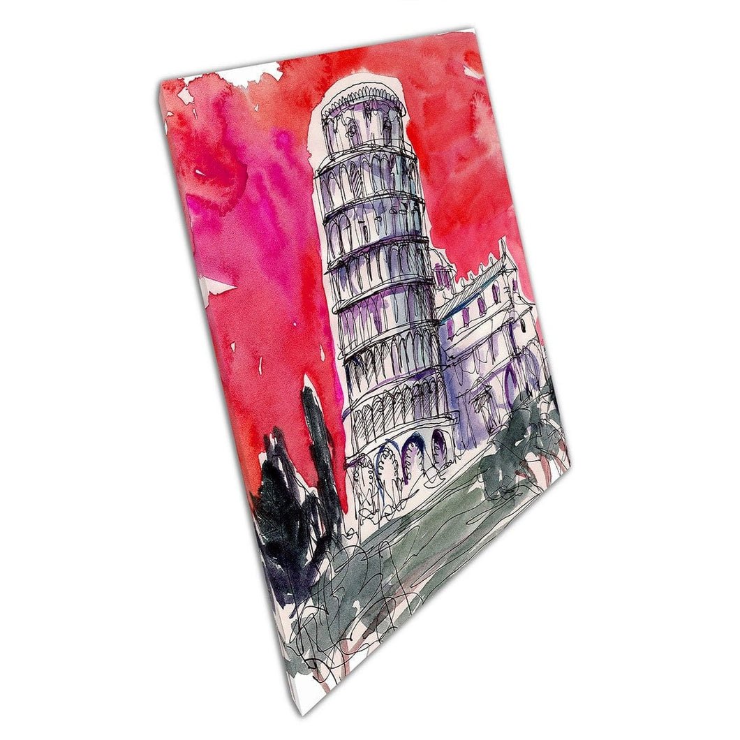 De scheve toren van Pisa Waterverf en Pen Painting Illustratie Wall Art Print op canvas gemonteerde canvas print