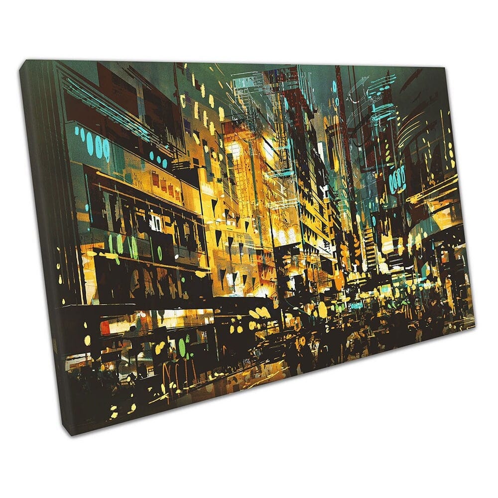 Groene en gele nachtscène Illustratie Art CityScape Klaar om muurwand te hangen Afdrukken Gemonteerde canvas print