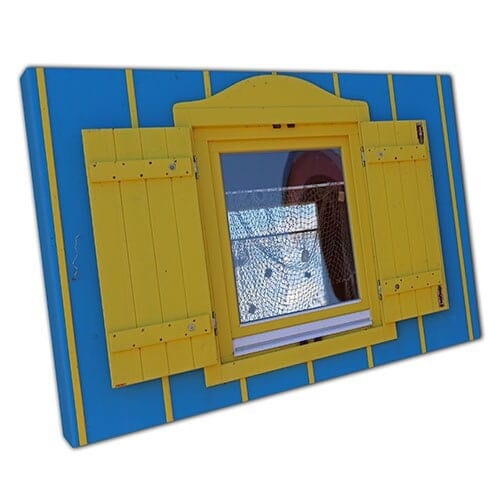 Afdrukken op canvas blauw en gele houten caravan raam muur kunst print gemonteerd canvas print
