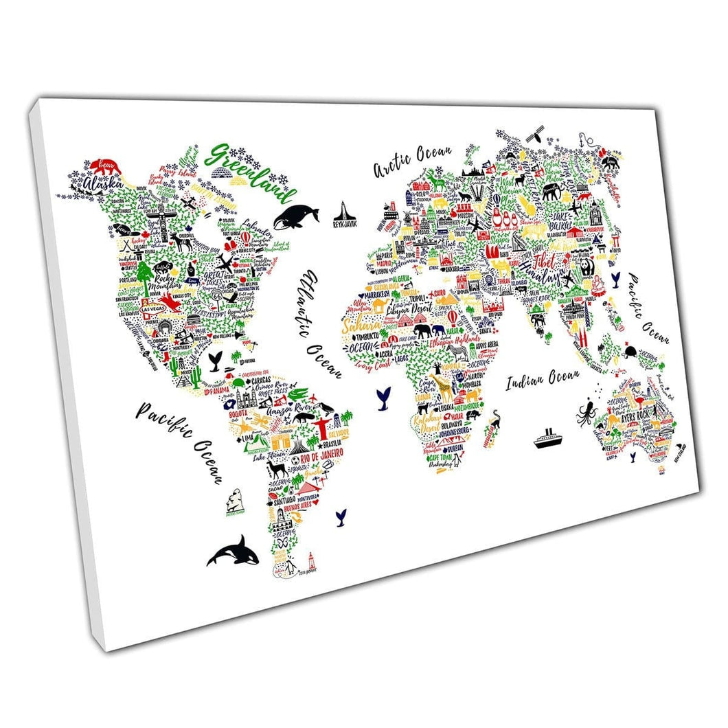Kinderen Kinderen Fun Wereldkaart van namen Art Canvas Wall Art Print op canvas gemonteerde canvas print