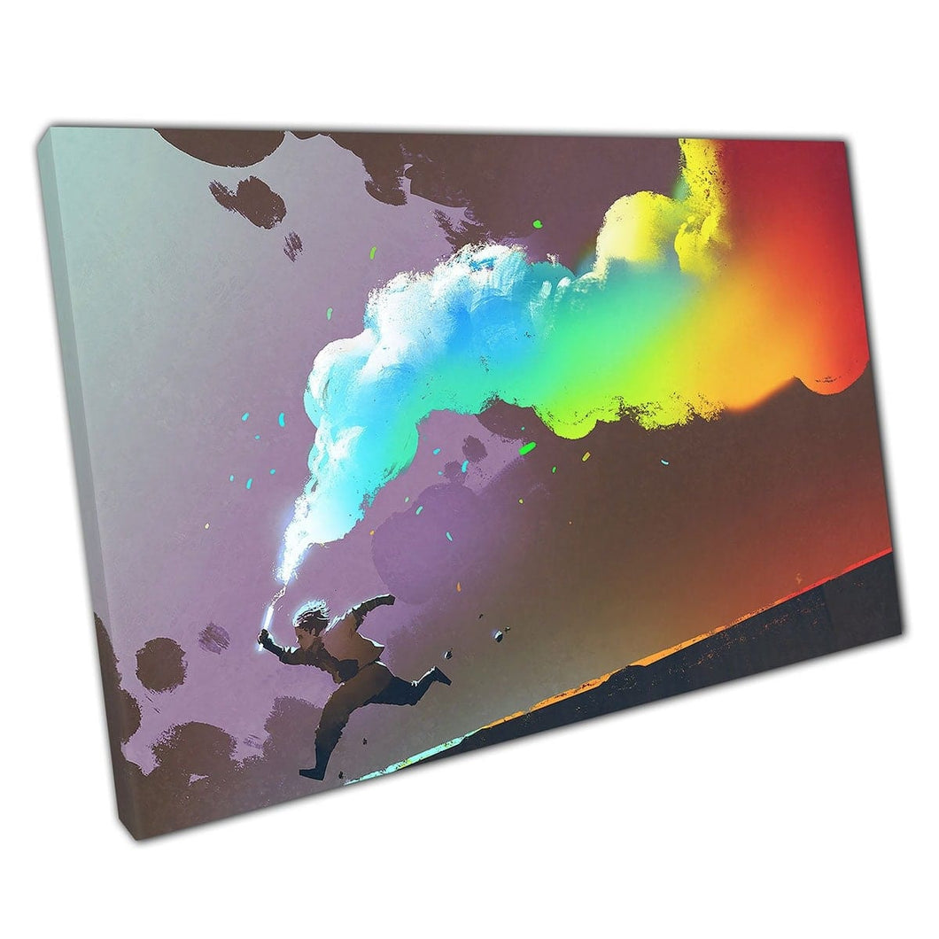 Jongen die door de duisternis loopt met een flare met Rainbow Smoke Illustratie Wall Art Print op canvas gemonteerde canvas print