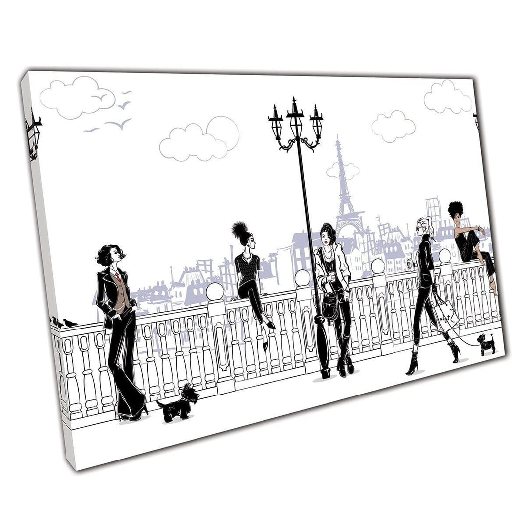 Chique stijlvolle vrouwen in Paris Fashion Lifestyle Illustration Wall Art Print op canvas gemonteerde canvas print