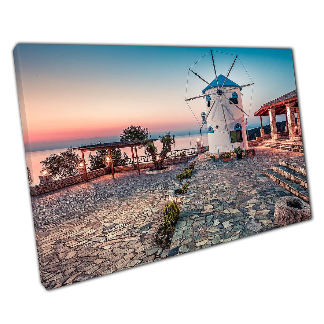 Boeiende ochtend zonsopgang over Potamitis windmolen Zakynthos Island Korithi Griekenland Wall Art Print op canvas gemonteerde canvas print