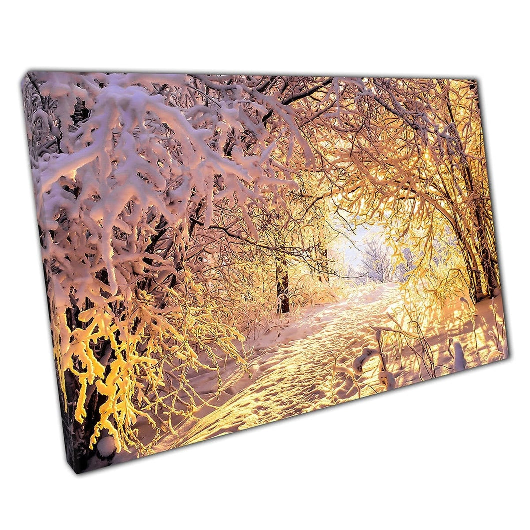 Icy Snow Covered Winter Woodland Forest Tunnel During A Golden Sunset Seasonal Wall Art Print On Canvas Mounted Canvas print