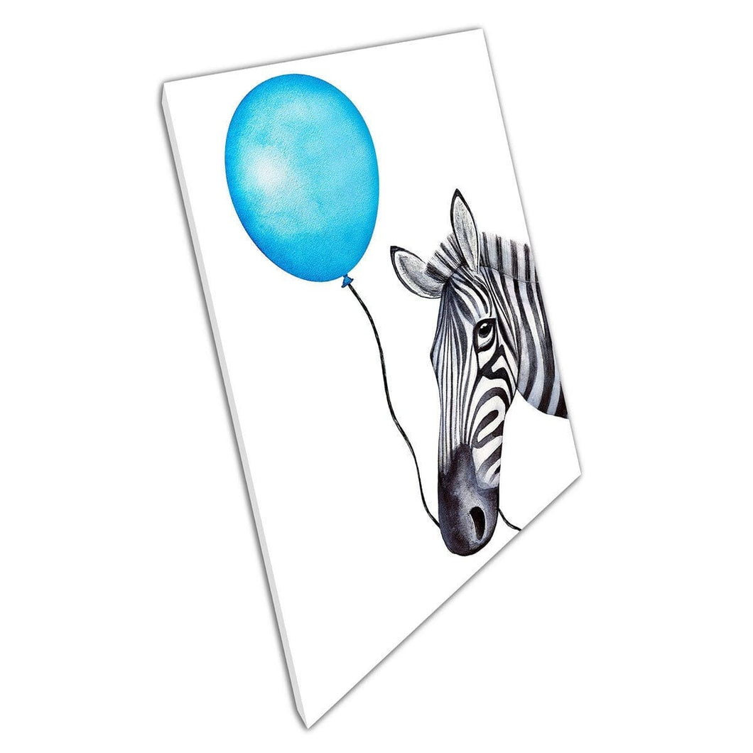 Schattig grappig zebra -personage met een blauwe vakantie ballonviering aquarel muur kunstprint op canvas gemonteerde canvas print
