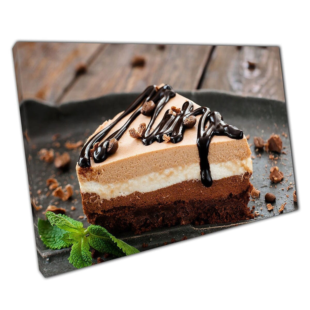 Dessert soufflé a strati con salsa di cioccolato ristorante presentazione fotografia stampa arte murale su tela stampa di tela montata