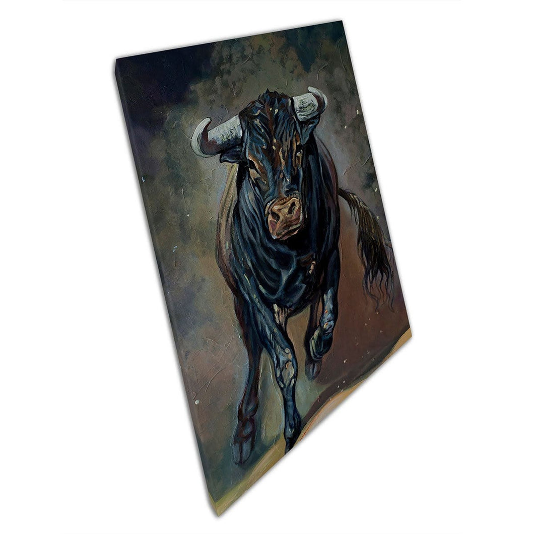 Grote zwarte stier Running opladen Schilderkunst Wall Art Print op canvas gemonteerde canvas print