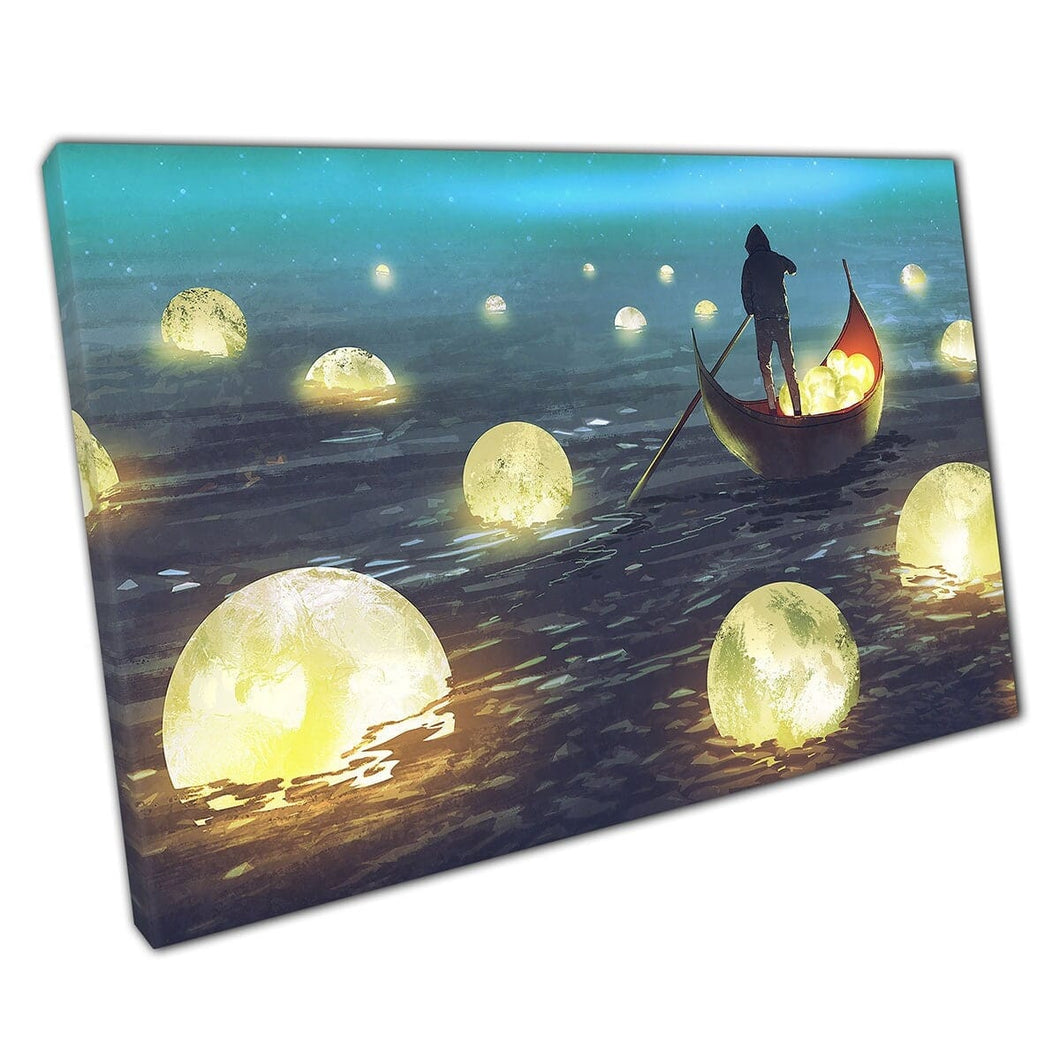 Hombre remando entre misteriosos misteriosos lunas flotantes en la noche Fantasy Dreamy Magic Wall Art imprima en lienzo lienzo impreso