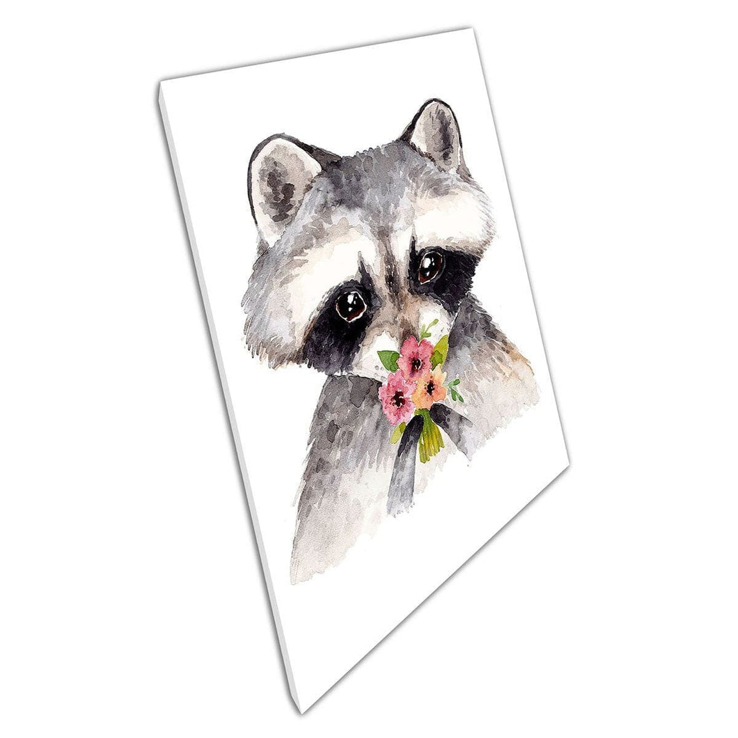 Schattige cartoon wasbeer ruikend boeket roze bloemen aquarel voor kinderen kinderkamer muur kunstprint op canvas gemonteerde canvas print