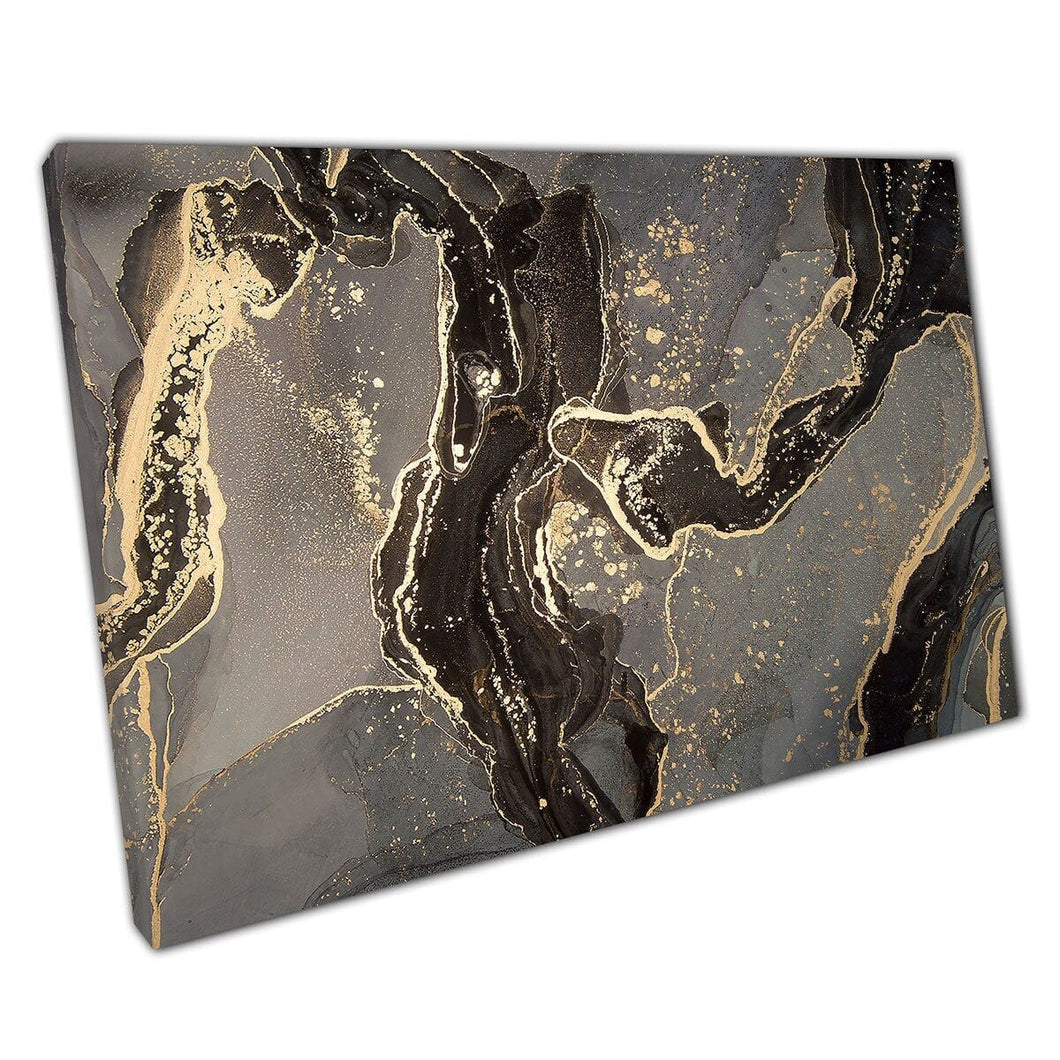Minimalistische zwart grijze goud vloeistof alcohol inkt marmeringstechniek Moderne hedendaagse muurkunstafdruk op canvas gemonteerde canvas print