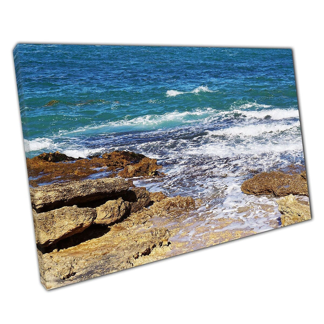 Blue zeegezicht wassen over verweerde rotsachtige kustlijn Cape Peron West -Australië Wall Art Print op canvas gemonteerde canvas print