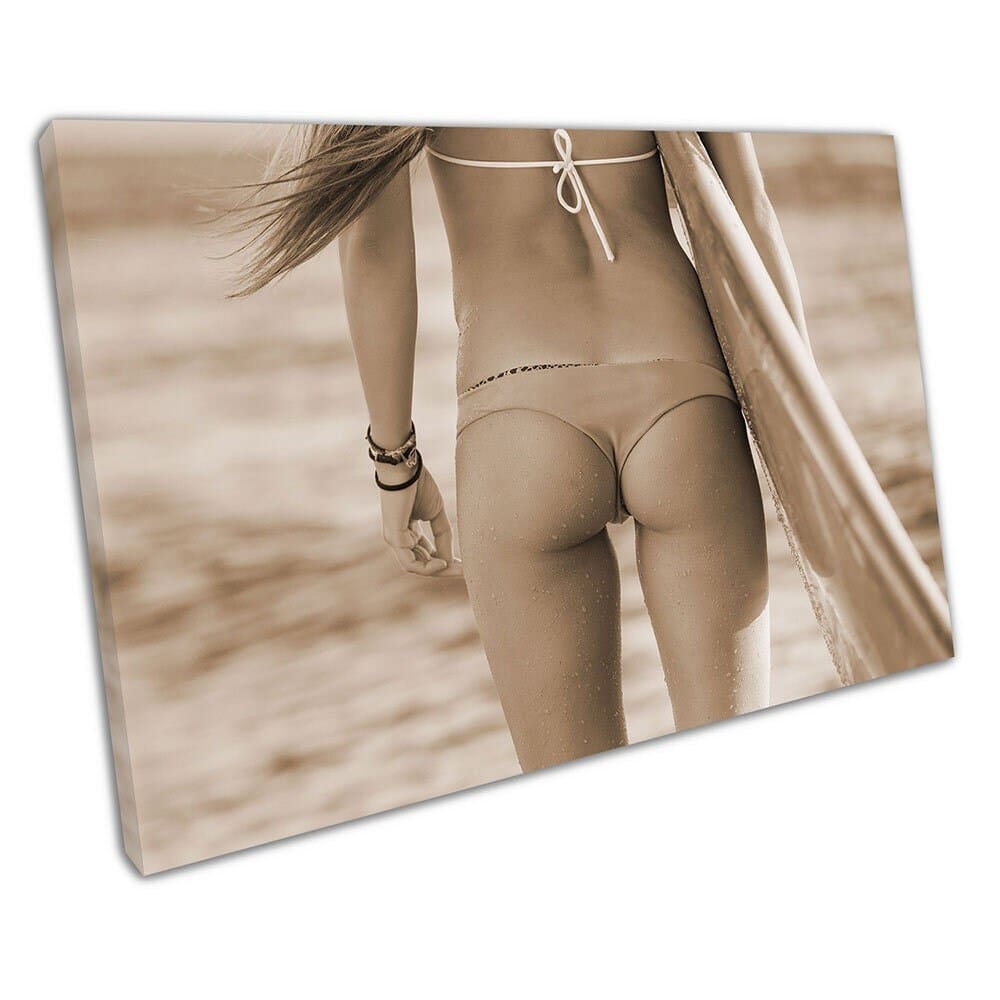 SEPIA Bella ragazza surfista in sexy bikini Beach Art pronto a appendere la stampa in tela Stampa di tela montata in tela montata