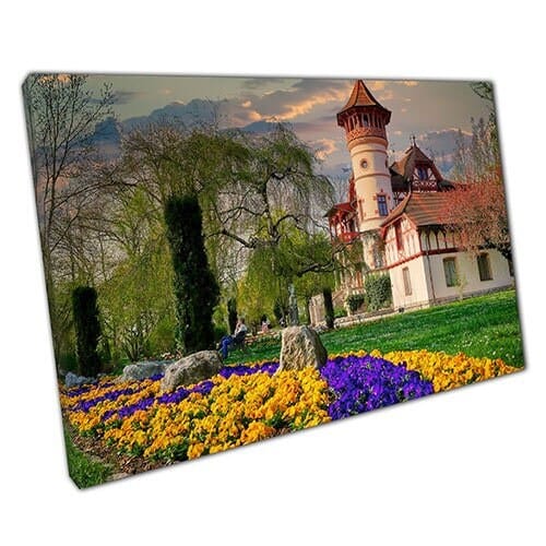Afdrukken op canvas kasteel met bloementuin klaar om muurwand te hangen afdrukken gemonteerde canvas print