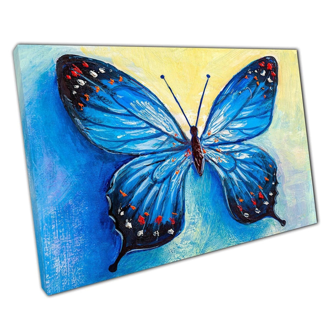 Levendige blauwe vlinder met fel oranje en rode stippen olieverfschilderij textuurstijl muurkunstafdruk op canvas gemonteerde canvas print