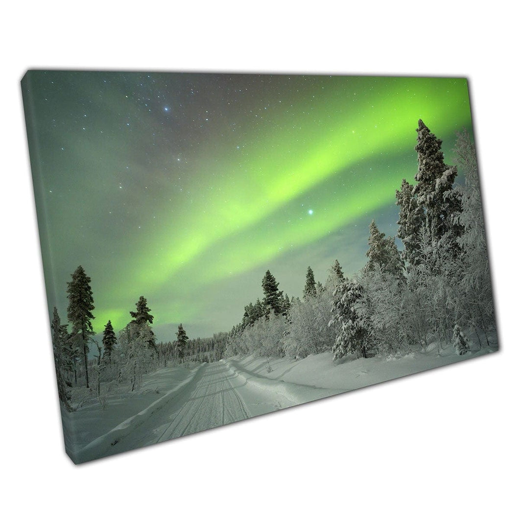 Amazing Vibrant Green Northern Lights Over Snowy Forest Woodland Finnish Lapland Wall Art Print On Canvas Mounted Canvas print