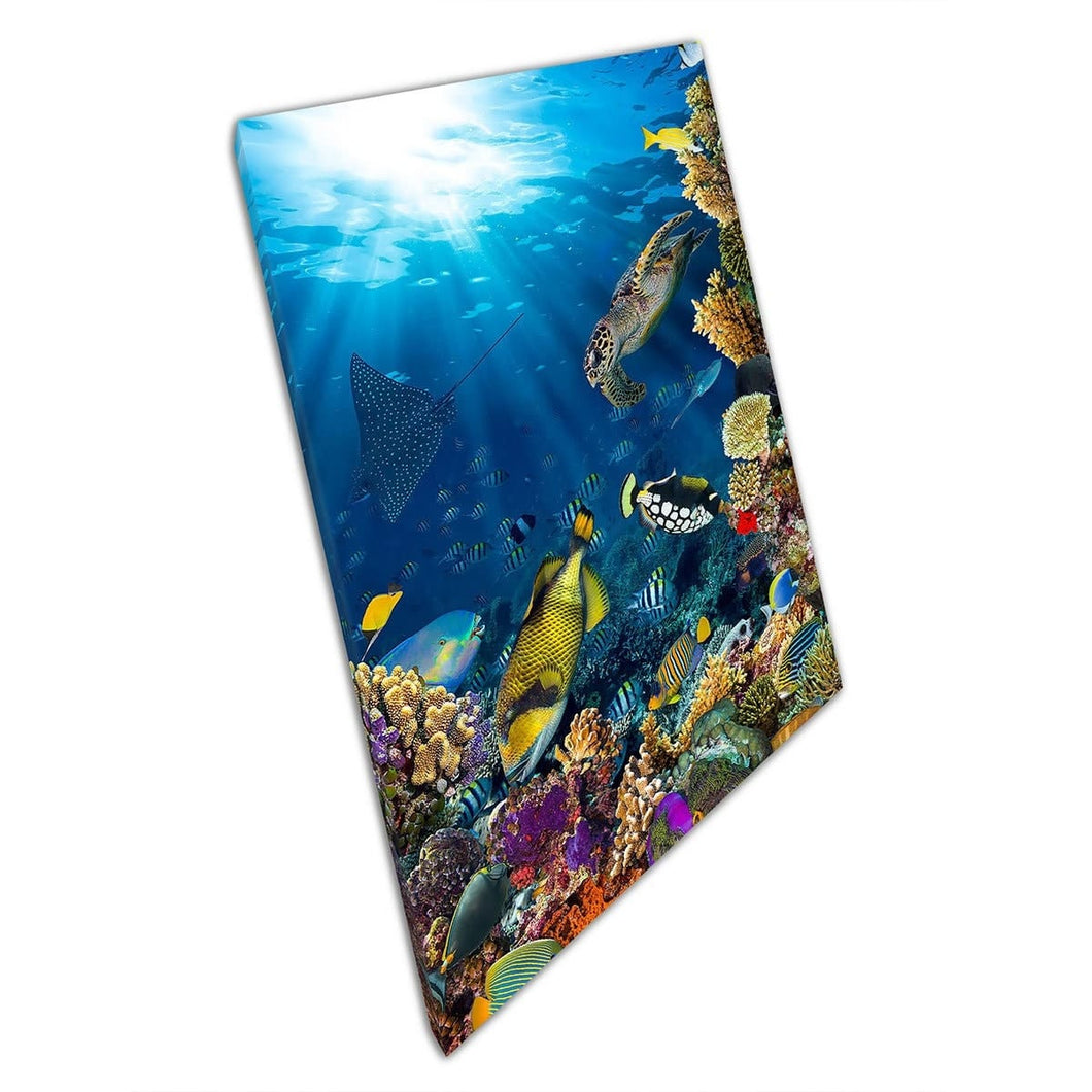 Underwater Coral Reef Filled With Fish And Marine Life In Deep Blue Ocean Photography Wall Art Print On Canvas Mounted Canvas print