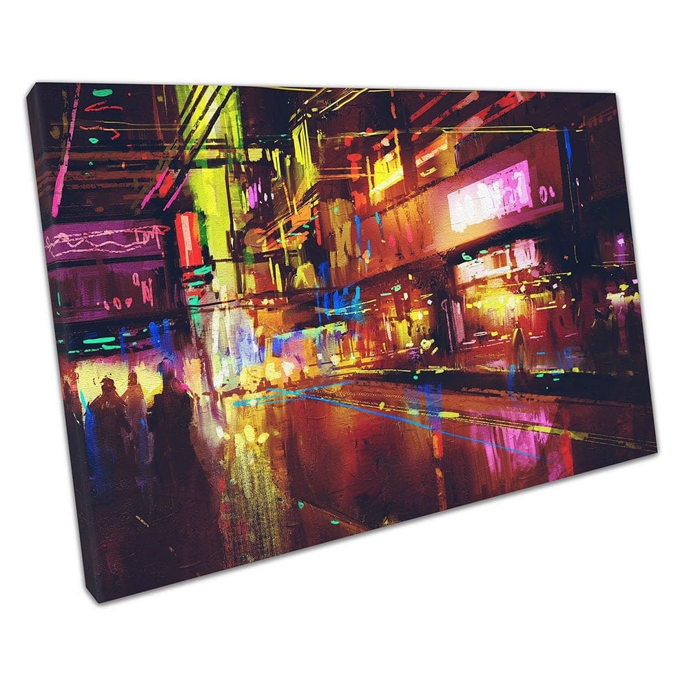 Illustration city street with illumination & night life Ready to Hang Wall Art Print Mounted Canvas print