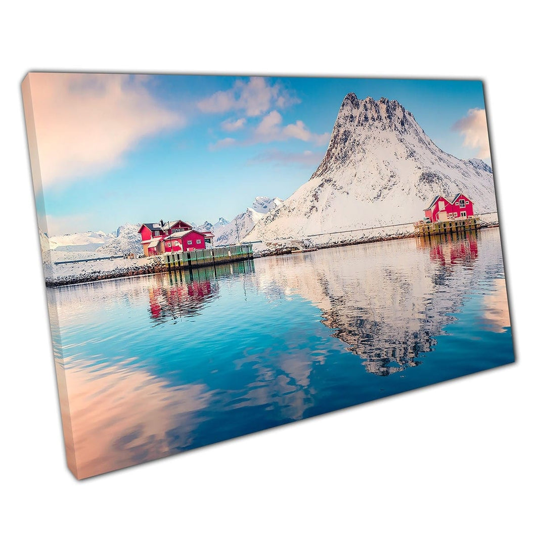 Koude ochtend zeegezicht zonsopgang over een klein vissersdorp Lofoten -eilanden Noorwandwandkunstafdruk op canvas gemonteerde canvas print