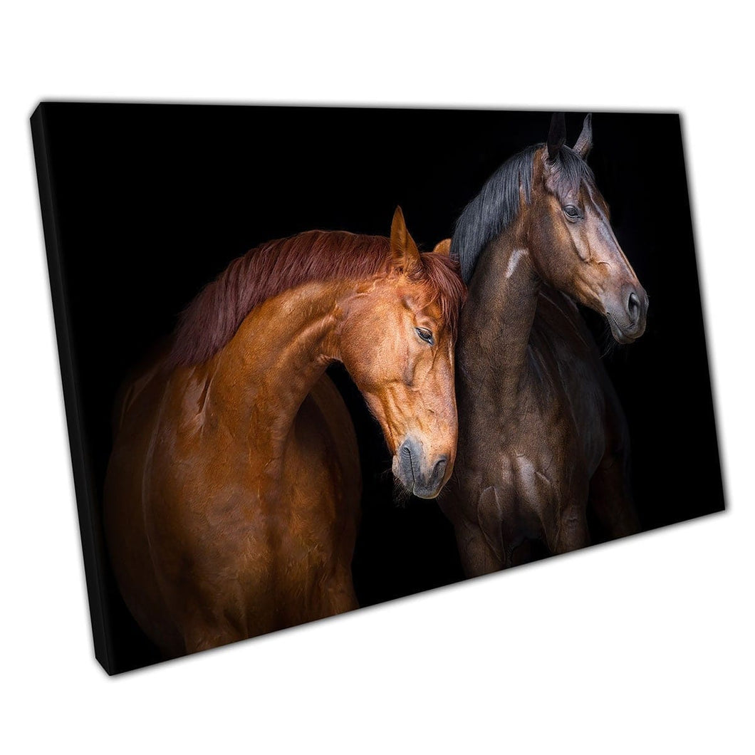 Twee paarden in twee tinten bruine natuurfotografie canvas muurkunst print op canvas gemonteerde canvas print