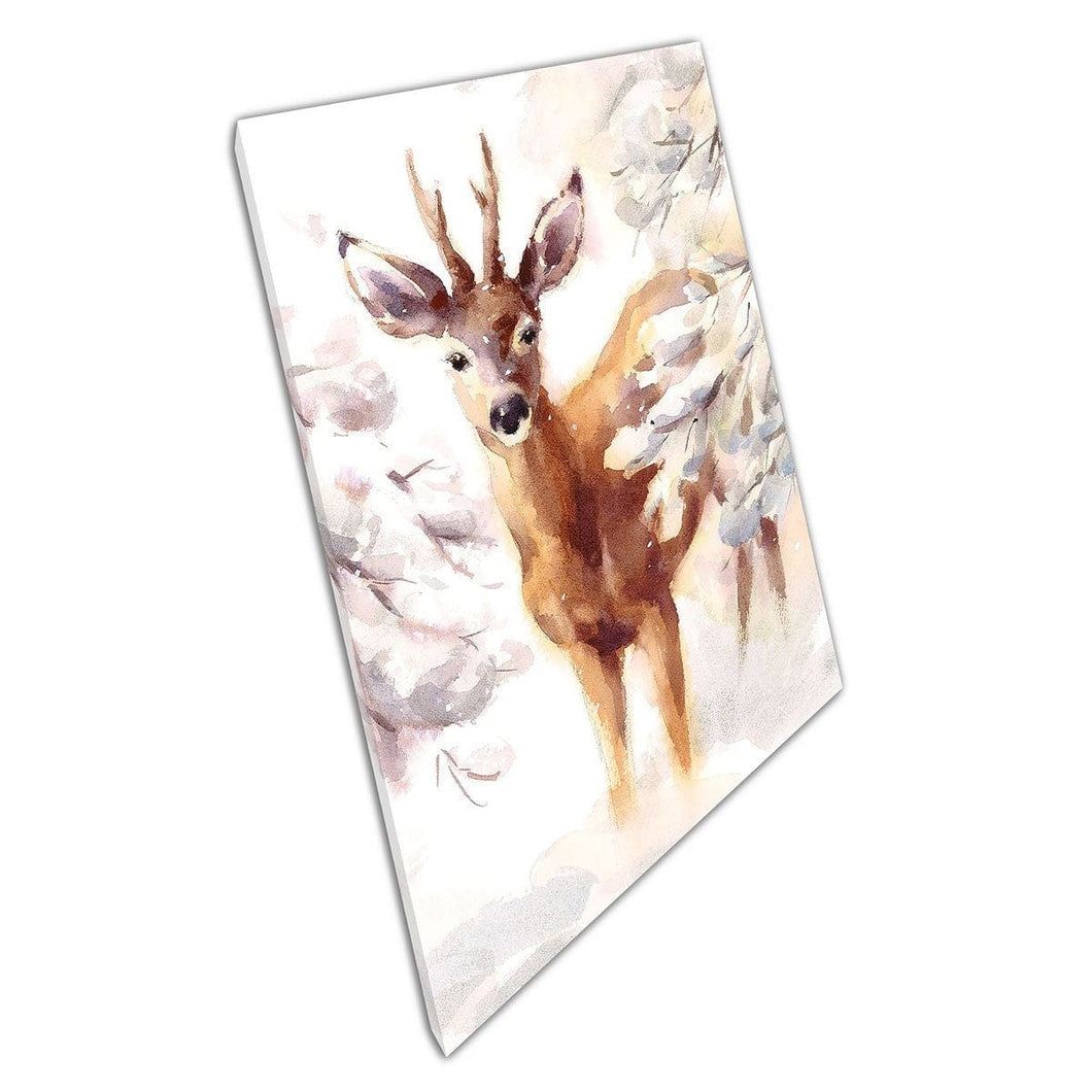 Herten hert in een winterboodland waterverf illustratie muurkunst print op canvas gemonteerde canvas print