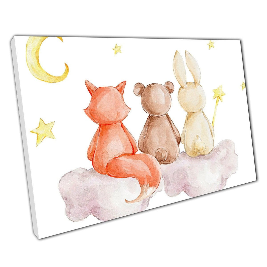 Schattige cartoon vos teddybeer konijn konijn op cloud kinderkamer aquarel schilderij wall art print op canvas gemonteerde canvas print