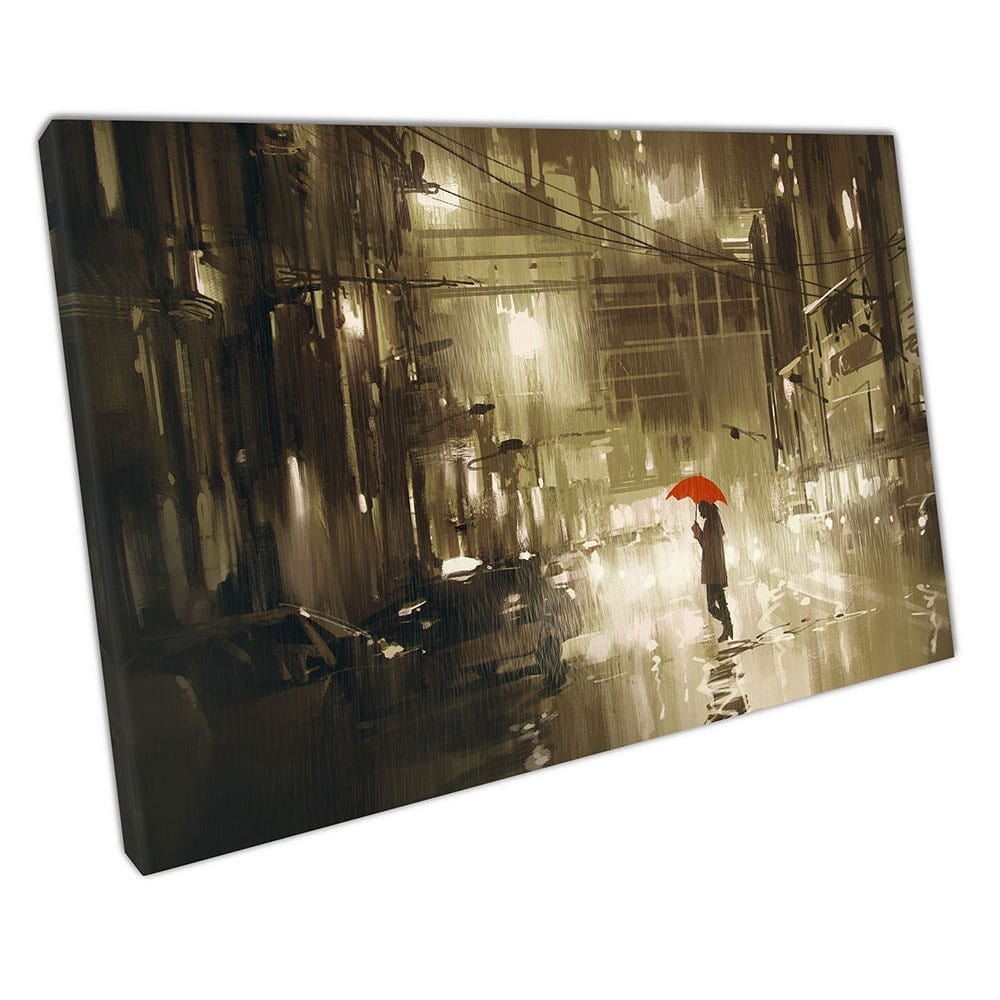 Vrouw met rode paraplu die de straat oversteekt Regenachtige nacht klaar om muur kunstprint gemonteerd canvas print te hangen