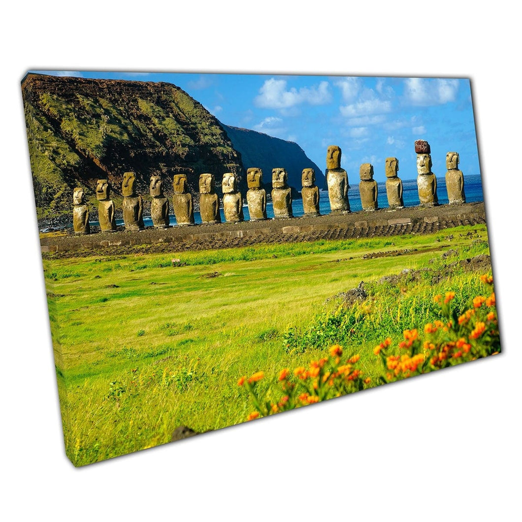 Amazing Ancient Moai Of Ahu Togariki Easter Island Lush Green Grass Deep Blue Water Wall Art Print On Canvas Mounted Canvas print