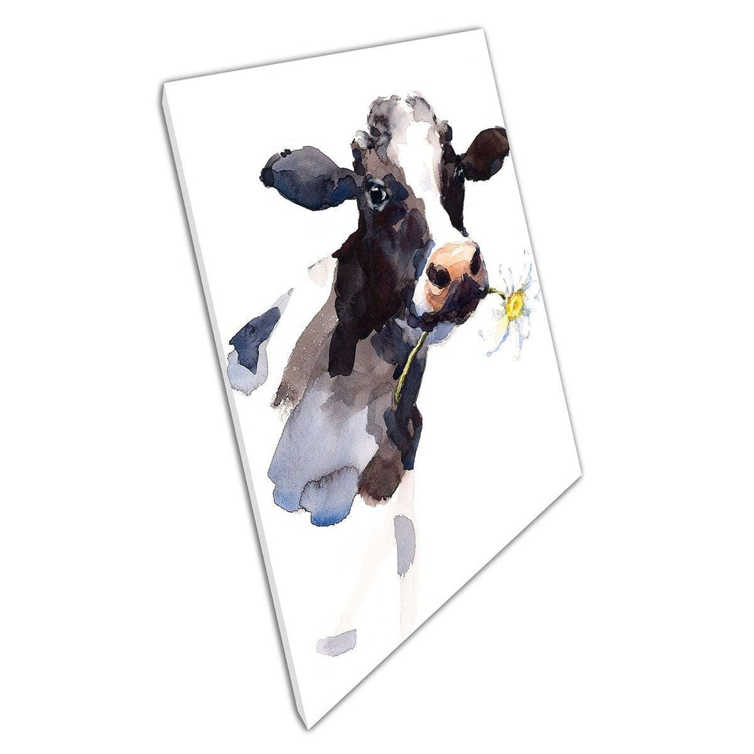 Landbouwland dierenkoe die gelukkig een Daisy Flower Watercolor -illustratie vasthoudt. Schilderkunst Wall Art Print op canvas gemonteerde canvas print