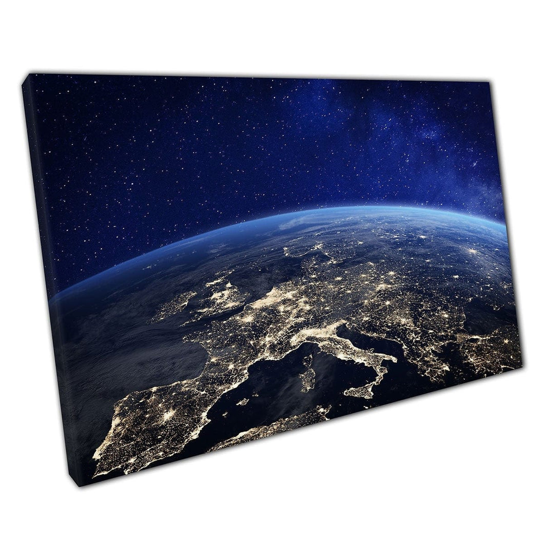 Planet Earth Illuminated Lights Of Europe At Night 3D Space Rendering Galaxy Universe Wall Art Print On Canvas Mounted Canvas print