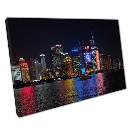 Afdrukken op canvas Shanghai skyline 's nachts klaar om muur kunst afdrukken gemonteerd canvas print te hangen