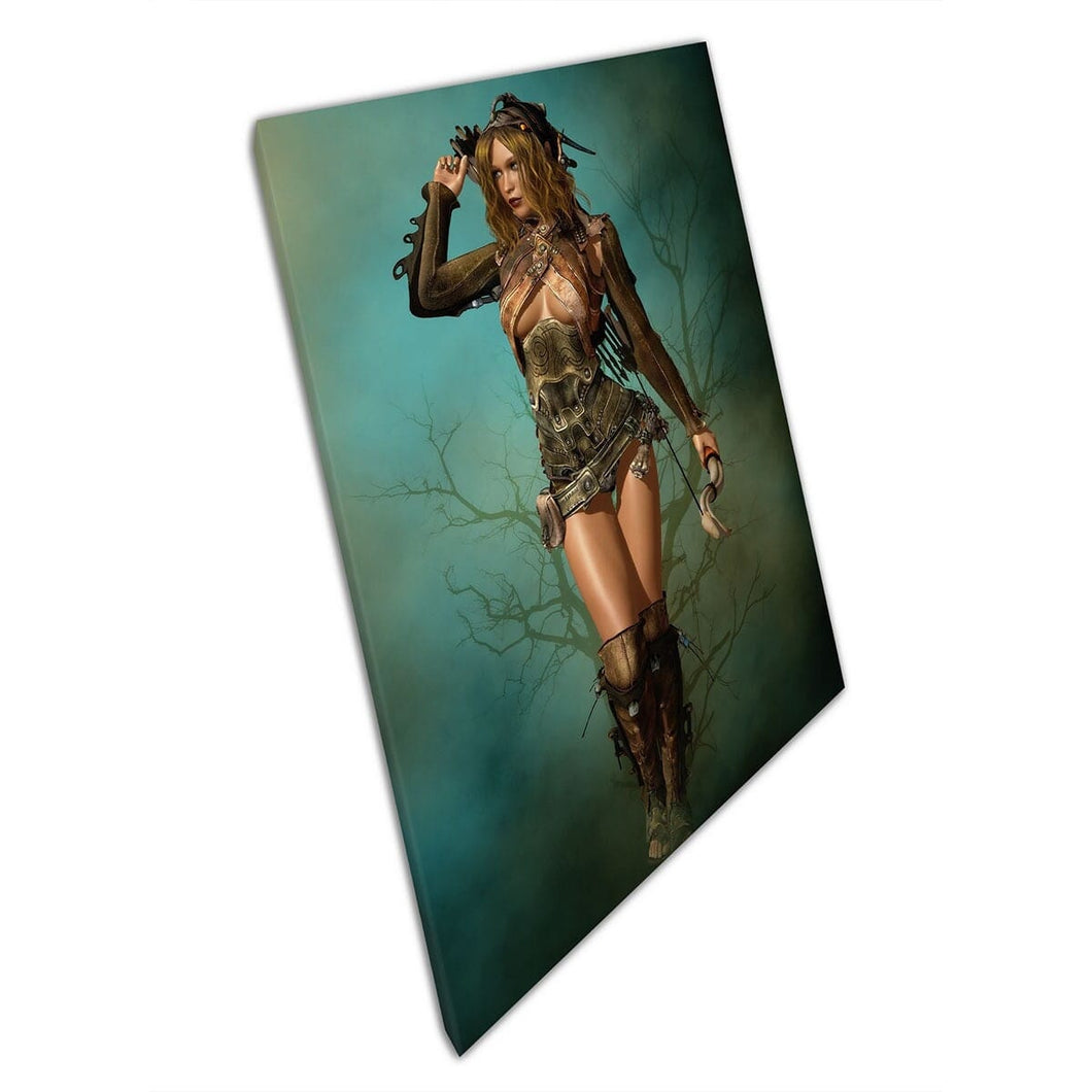 Krachtige stealthy vrouwelijke bosboogschutter klaar voor een pijl fantasie digitale illustratie muurkunst print op canvas gemonteerde canvas print