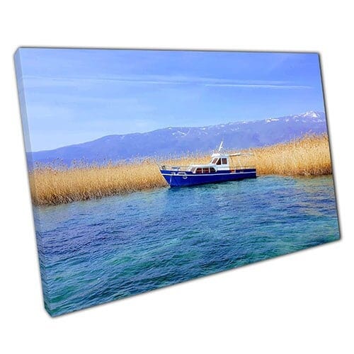 Stampa su tela piccola barca sul lago blu chiaro pronto a appendere arte stampa stampata montata in tela montata