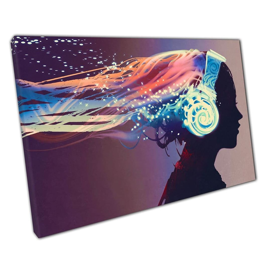 Donna con capelli e cuffie luminose magiche che sente la musica per la parete dell'illustrazione digitale stampa su tela di tela stampa