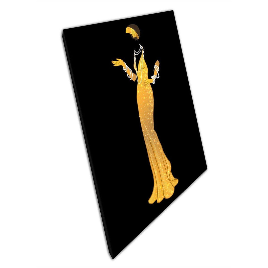 Vintage 1920's Glamourus Golden Flapper Woman Fashion Illustrazione Digital Artwork Print Wall Art su tela Stampa di tela montata