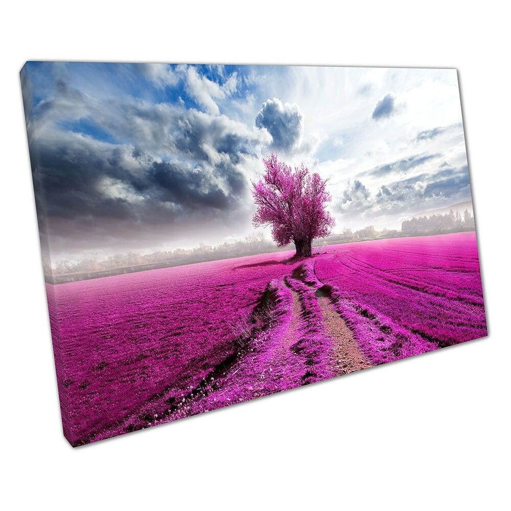Dramatische paarse velden met eendurige landschap van een enkel boom klaar om muurwand te hangen, print gemonteerde canvas print