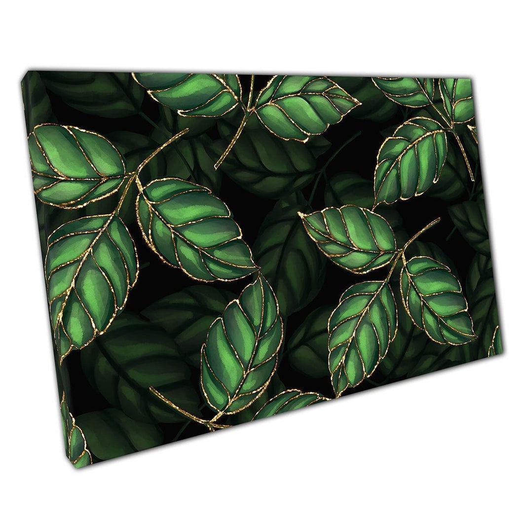 Green Leaves With Golden Outlines Abstract Decorative Nature Artwork Wall Art Print On Canvas Mounted Canvas print