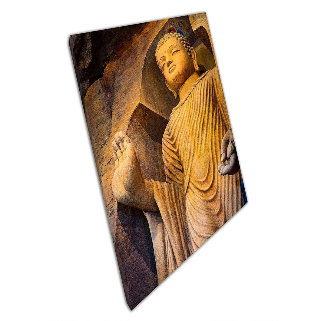 Boeddha stenen standbeeld Wat Saket Golden Mountain Temple Bangkok Thailand Wall Art Print op canvas gemonteerde canvas print
