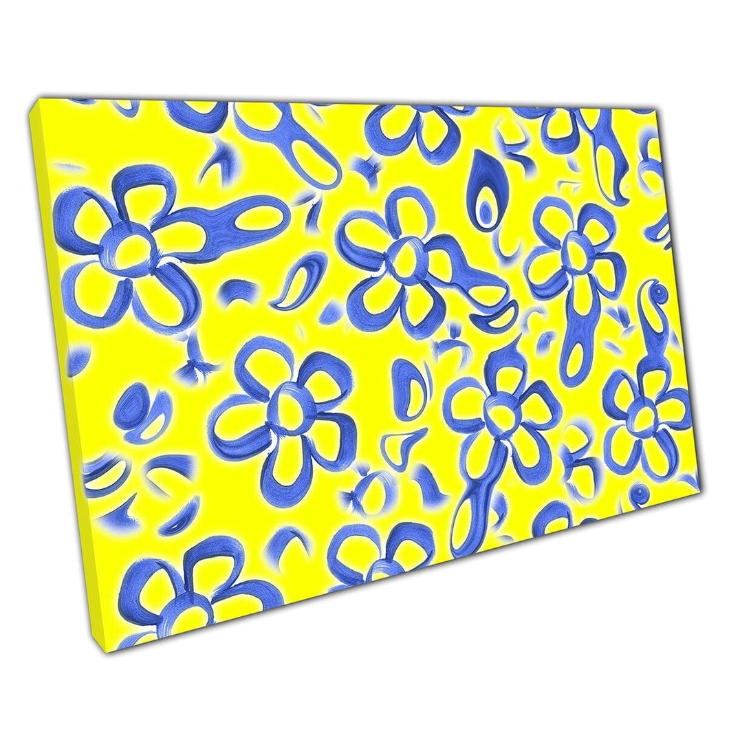 Textura de pincelada amarilla y azul de neón estampado de arte de pared de patrón floral abstracto en lona montada en lienzo estampado