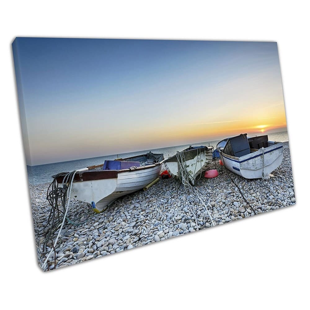 Barche a Chesil Cove su Portland Bill in Dorset English Coast Wall Art Stampa di tela montato in tela montato