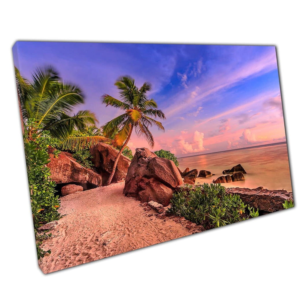 La Digue Anse Source D'Argent Seychelles Warm Evening Sky Over Calm Beach Seascape Wall Art Print On Canvas Mounted Canvas print