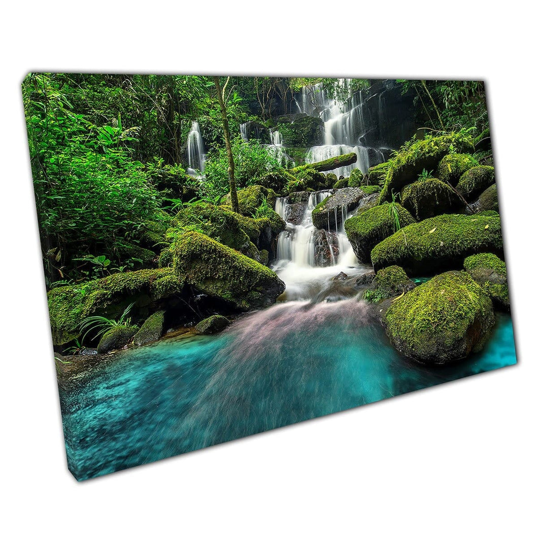 Mossy Green Jungle Forest With Beautiful Waterfall Phu Tub Berk Mountain Thailand Wall Art Print On Canvas Mounted Canvas print