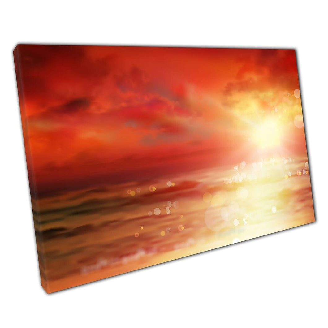 Vervormde warme zonsondergang gloeiend over rustige golven van de kust digitale illustratie Wall Art Print op canvas gemonteerde canvas print