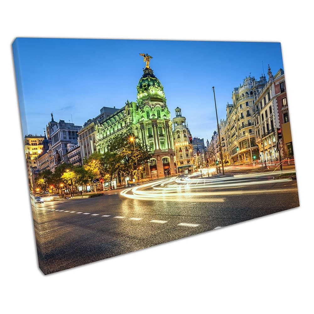 Gran Via City Shopping Street Madrid Spagna Cityscape Pronto per impiccare la stampa di tela montata in tela montata