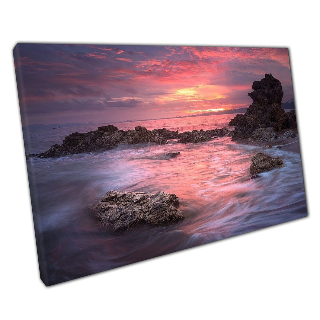 Stunning Long Exposure Shot Of A Seascape Under A Glowing Warm Sunset Natural Wall Art Print On Canvas Mounted Canvas print